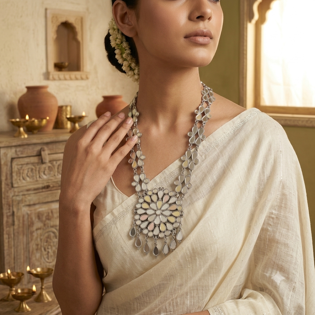 Hand Cut Glass Mirror Oxidised Necklace Set