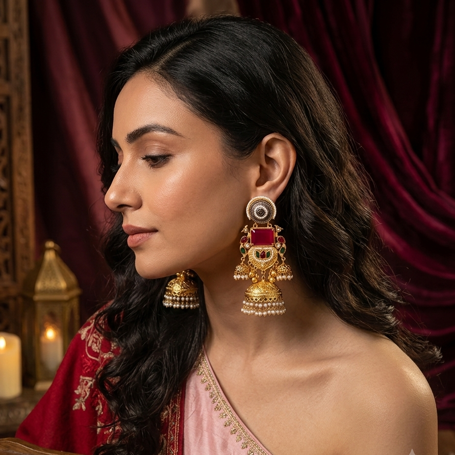 Roshni Premium Kashmiri Brass Ghungroo Jhumka Earrings - Pink & Green