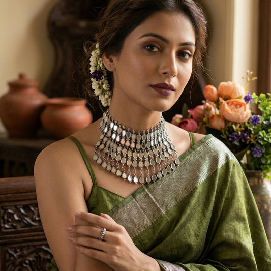Hand Cut Glass Mirror Oxidised Choker Set