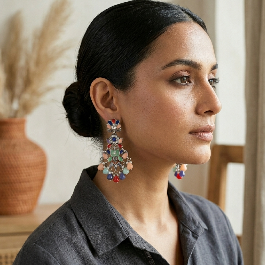 Multi Hue premium oxidized silver chandbali earrings featuring a flower stud mint green square stone and cascading multi colored teardrop bead fringes with pearls