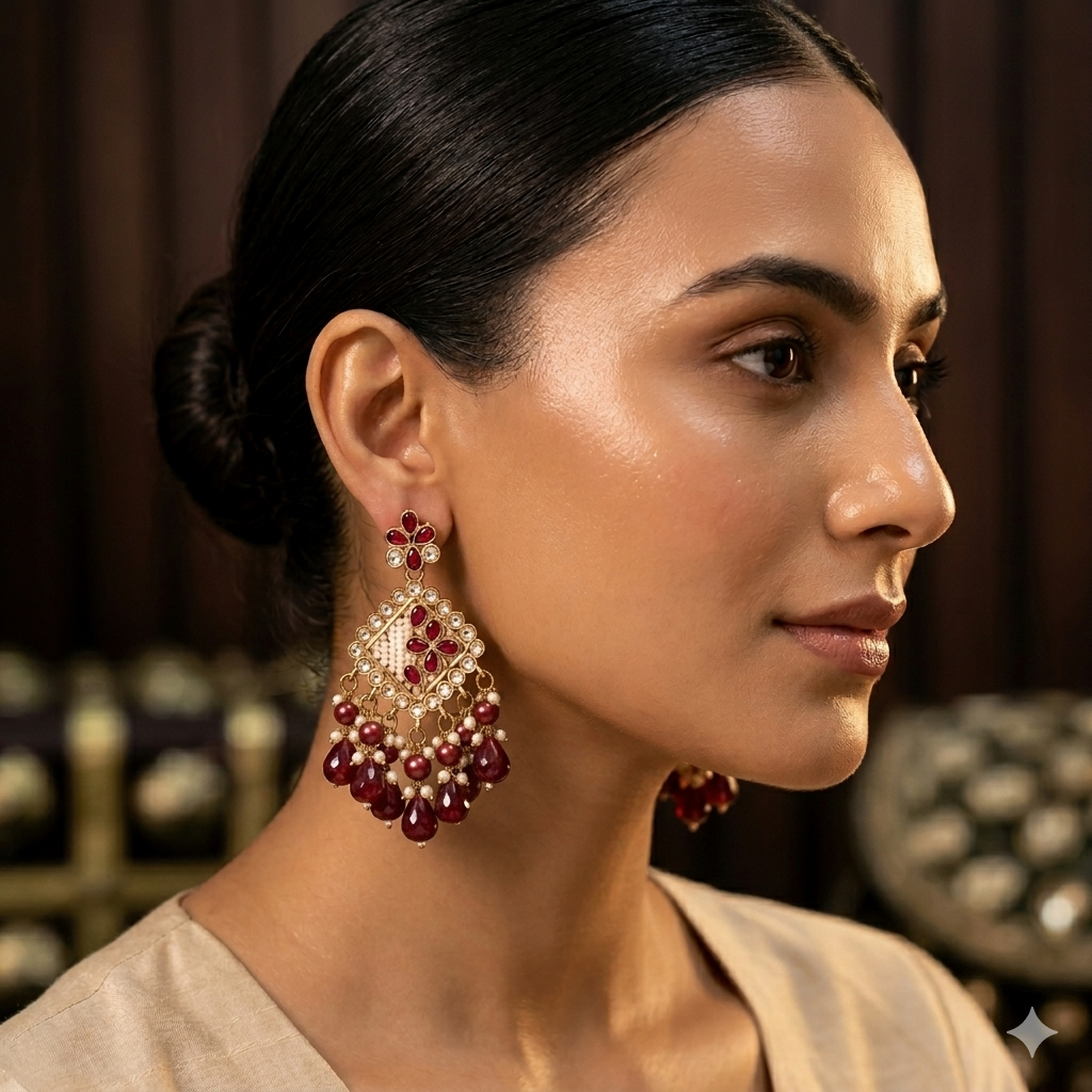 Jayati Kundan Pearl  Earrings - Maroon