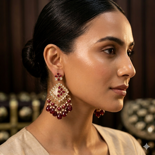 Jayati Kundan Pearl  Earrings - Maroon
