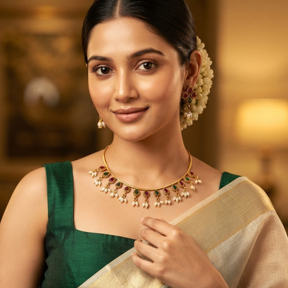 Prisha Pearl Necklace Set - Pink & Green