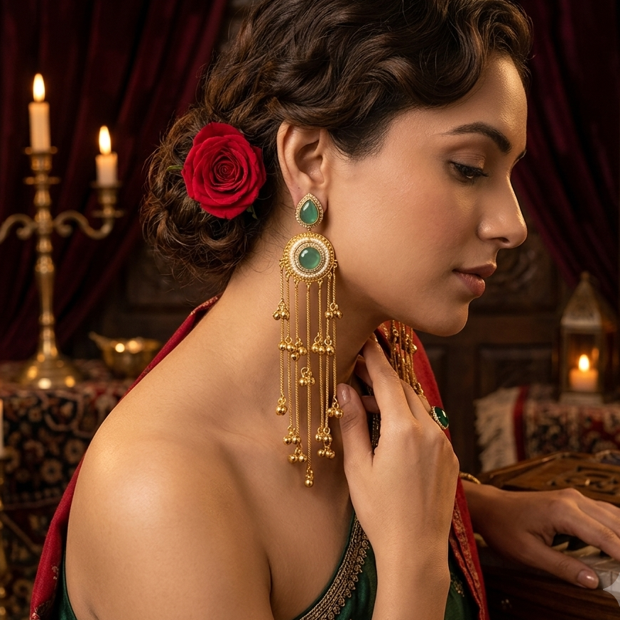 Shrenu Premium Kashmiri Brass Ghungroo Earrings - Pastel Green