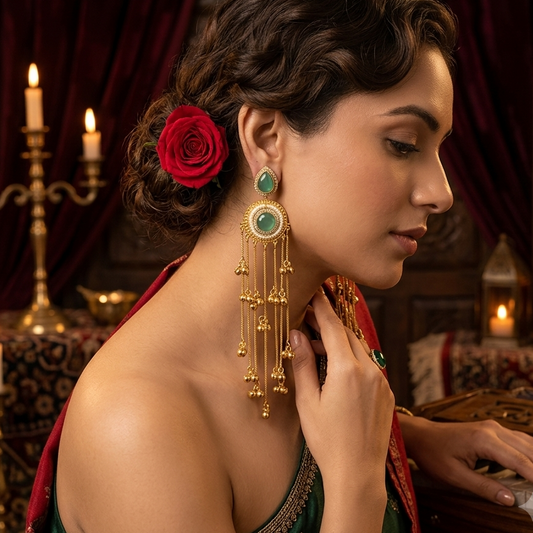 Shrenu Premium Kashmiri Brass Ghungroo Earrings - Pastel Green