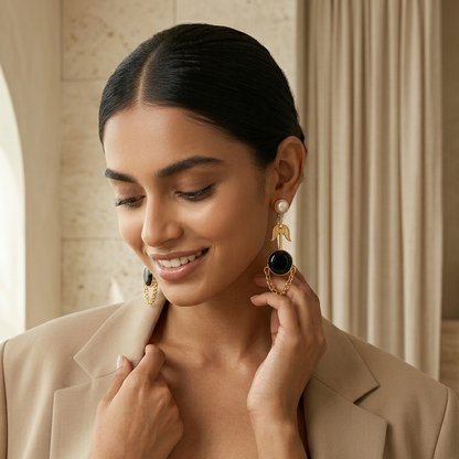 Veena Monalisa Stone Premium Brass Stud Earrings - Black