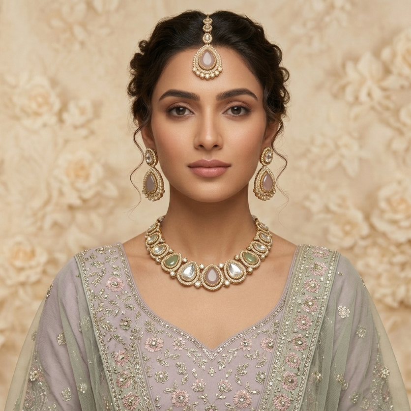 Pastel Pink & Green Mannat Zircone Polki Lookalike Premium Necklace Set