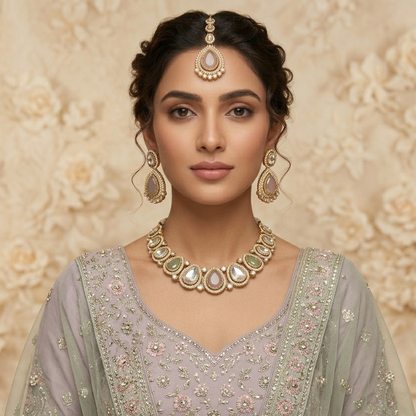 Pastel Pink & Green Mannat Zircone Polki Lookalike Premium Necklace Set