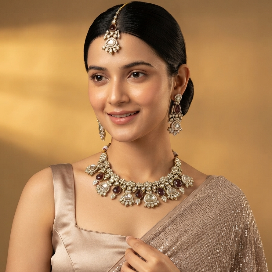 Jehana Premium Polki Lookalike Necklace Set - Maroon