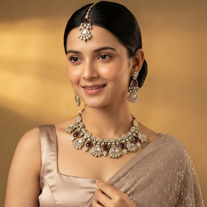Jehana Premium Polki Lookalike Necklace Set - Maroon
