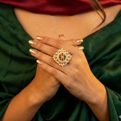 Kanishka Premium Kundan Ring - Pink & Green