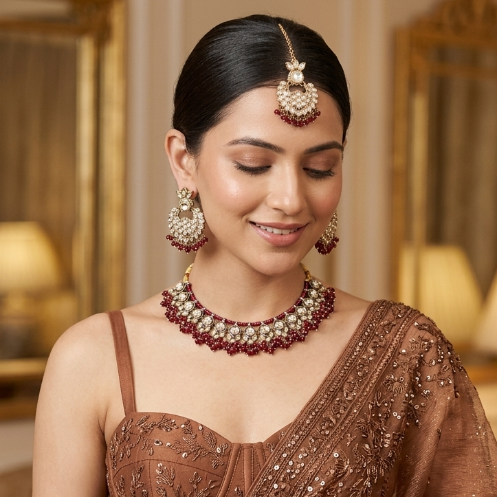 Harleen Premium Pearl Necklace Set - Magenta Pink