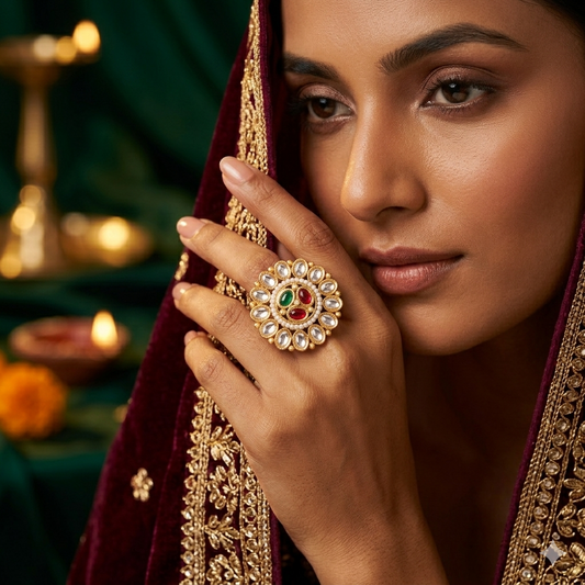 Asmita Premium Kundan Ring - Pink & Green