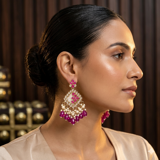 Jayati Kundan Pearl  Earrings - Hot Pink