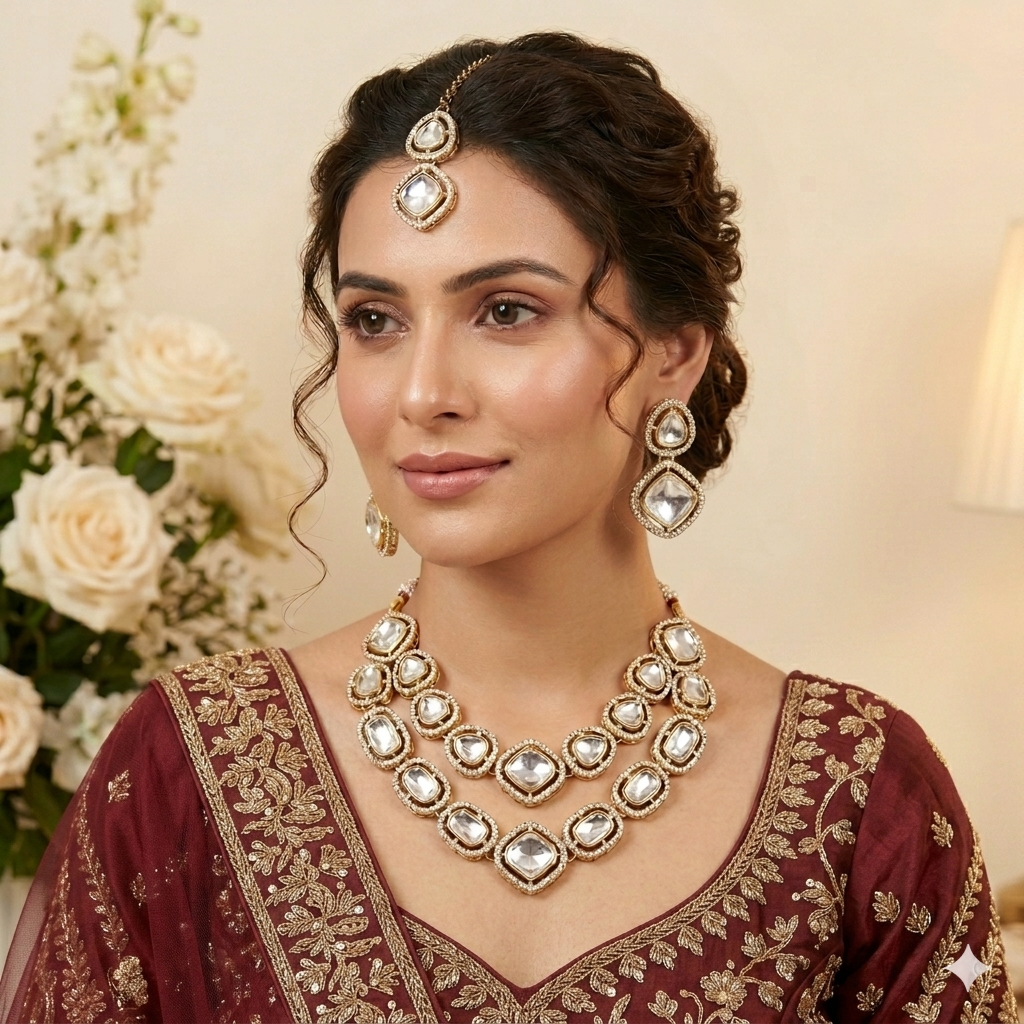 Gulnaj Double Layer Designer Zircone Golden Necklace Set