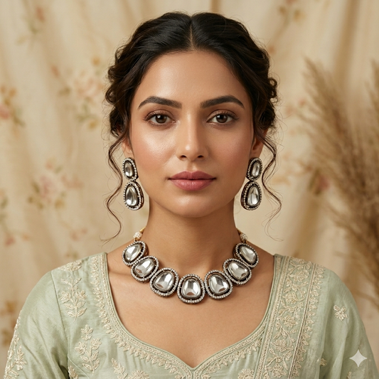 Black Metal Polki Look Alike Necklace Set with Earrings