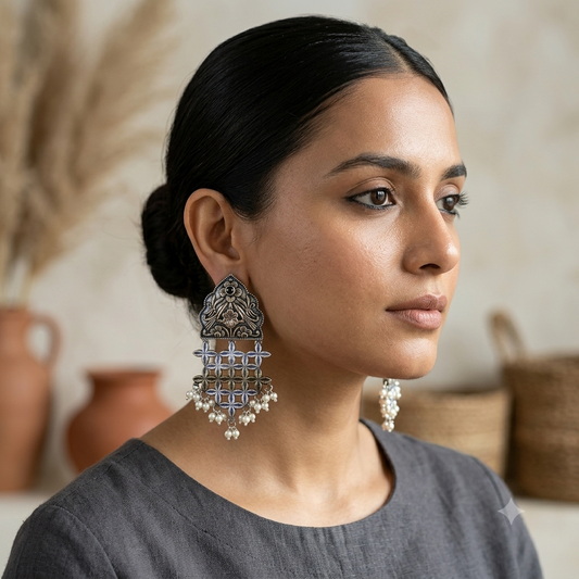 Fida Dual Tone Oxidised Stud Earrings