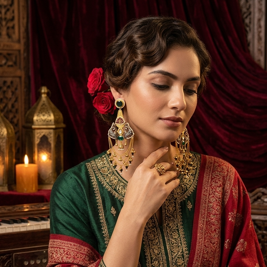 Nitika Kashmiri Brass Ghungroo Chandbali Earrings - Pink & Green
