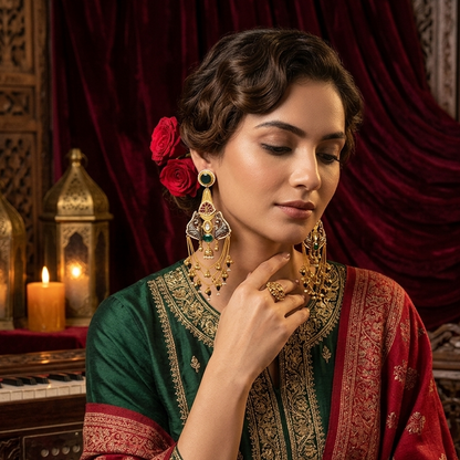 Nitika Kashmiri Brass Ghungroo Chandbali Earrings - Pink & Green