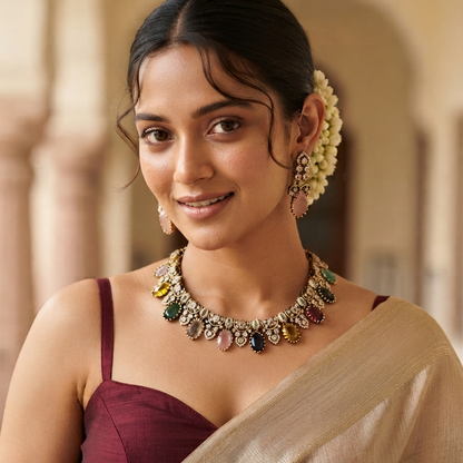 Shrenuka Victorian Navratan AD Necklace Set- Multi