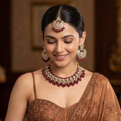 Harleen premium antique gold kundan broad choker necklace set featuring multi layered clear dabi stones and a dense cascading fringe of wine magenta beads with matching chandbalis and maang tikka