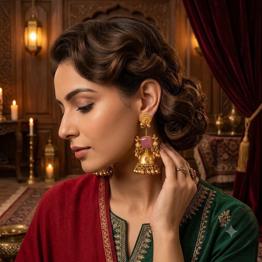 Baraat Premium Kashmiri Brass Dejhoor Earrings - Pastel Pink