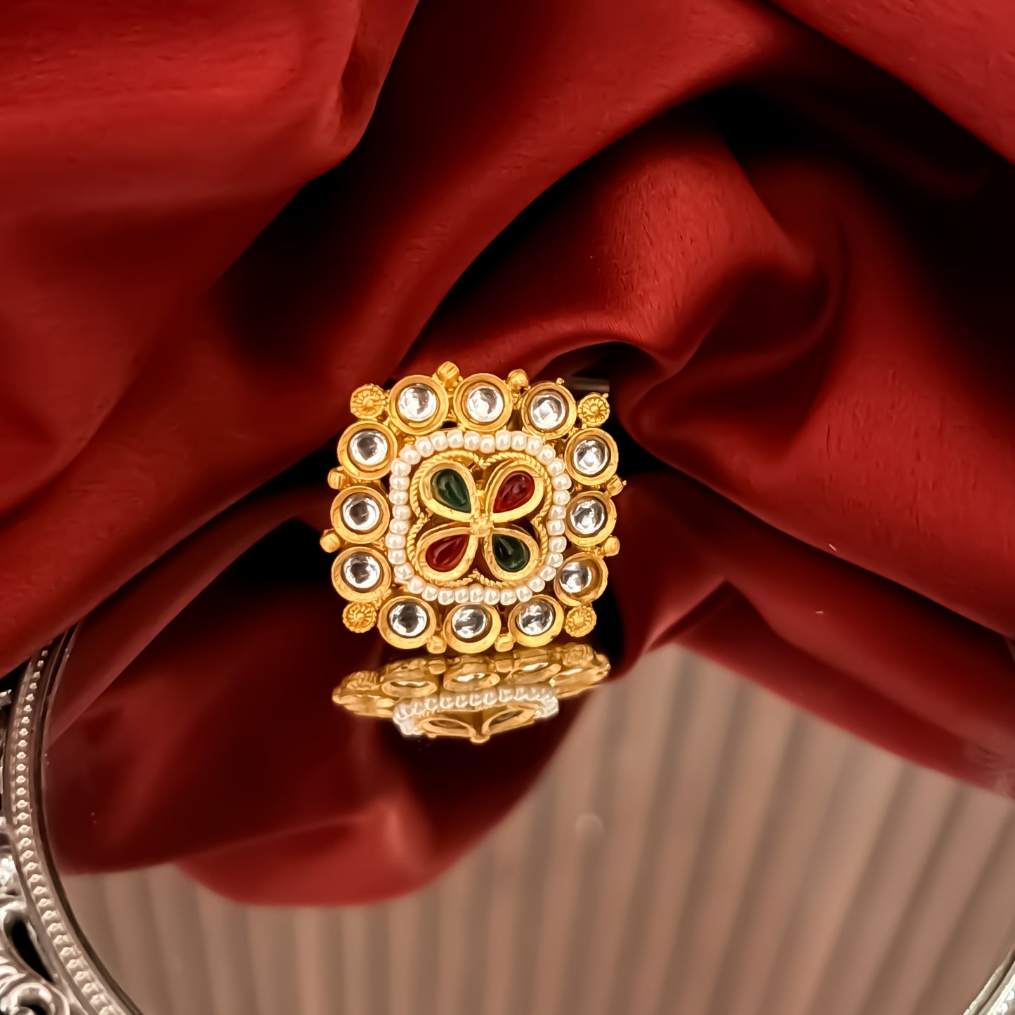 Kanishka Premium Kundan Ring - Pink & Green