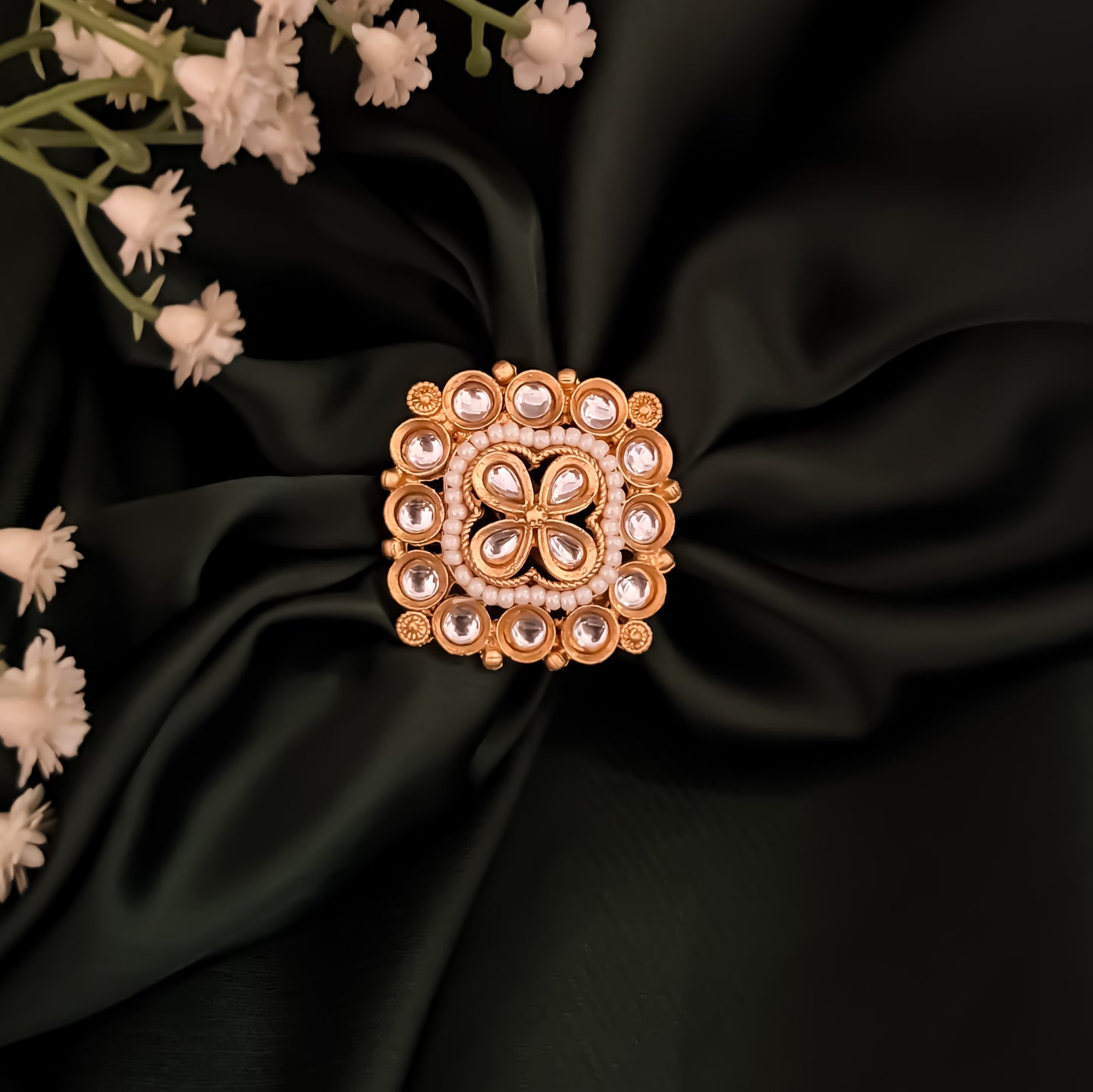 Kanishka Premium Kundan Ring - Golden