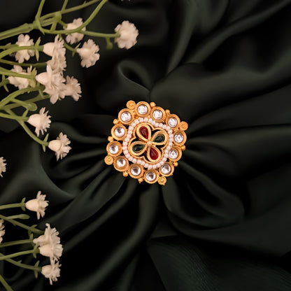 Kanishka Premium Kundan Ring - Pink & Green