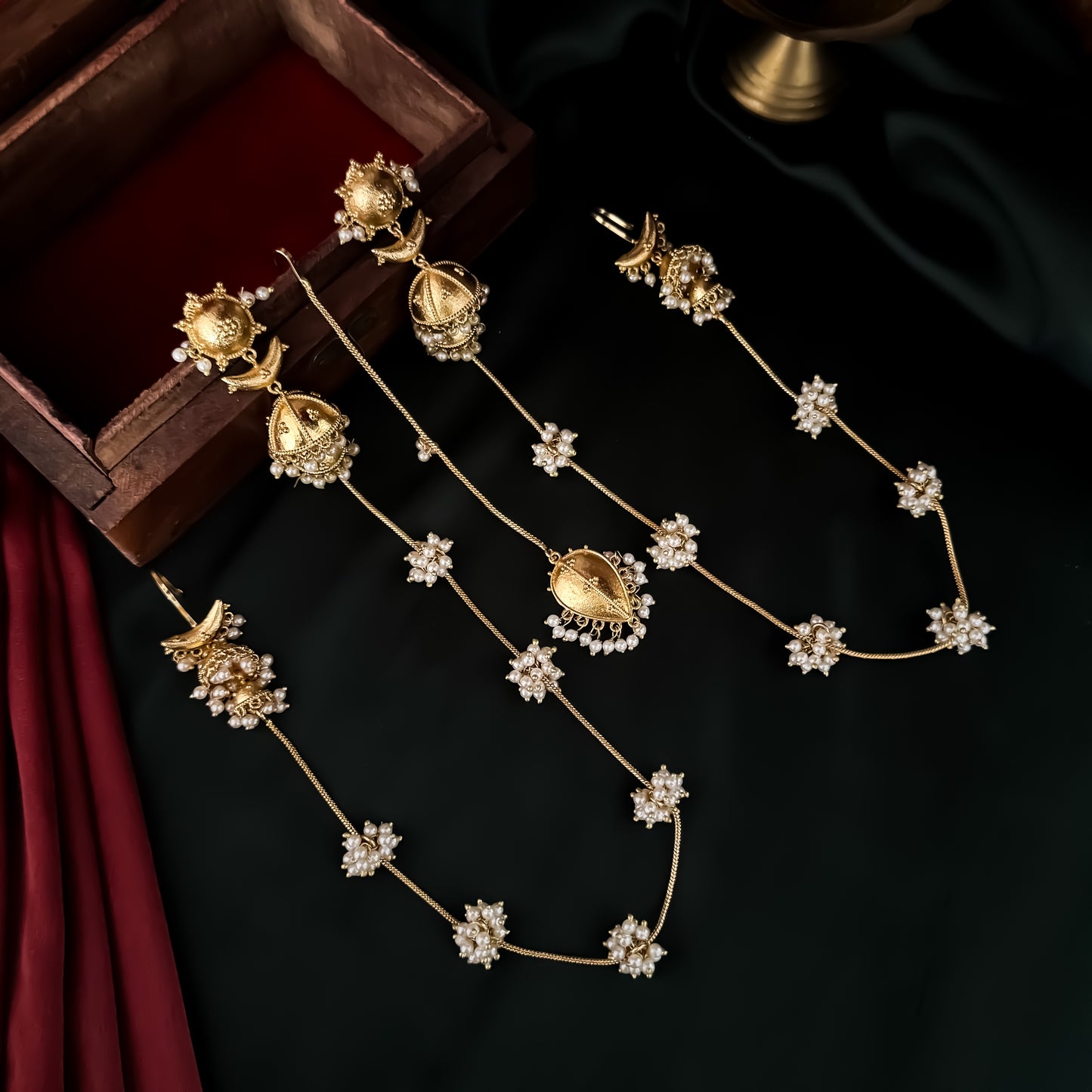 Nupur Sanon Inspired Kashmiri Brass Jhumka Earrings With Earchains/Sahara and Teeka Set - Golden