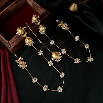 Nupur Sanon Inspired Kashmiri Brass Jhumka Earrings With Earchains/Sahara and Teeka Set - Golden