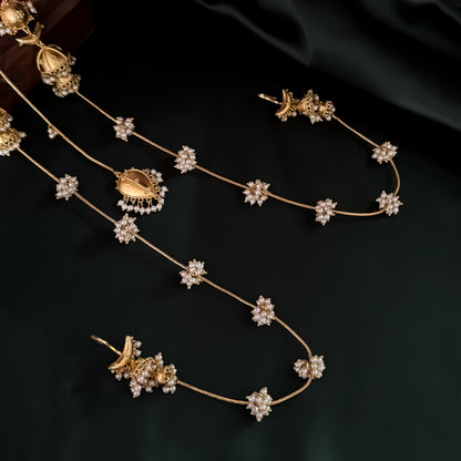 Nupur Sanon Inspired Kashmiri Brass Jhumka Earrings With Earchains/Sahara and Teeka Set - Golden