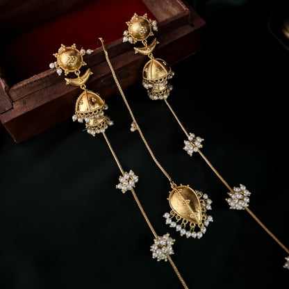 Nupur Sanon Inspired Kashmiri Brass Jhumka Earrings With Earchains/Sahara and Teeka Set - Golden