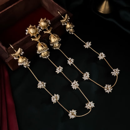 Nupur Sanon Inspired Kashmiri Brass Jhumka Earrings With Earchains/Sahara and Teeka Set - Golden