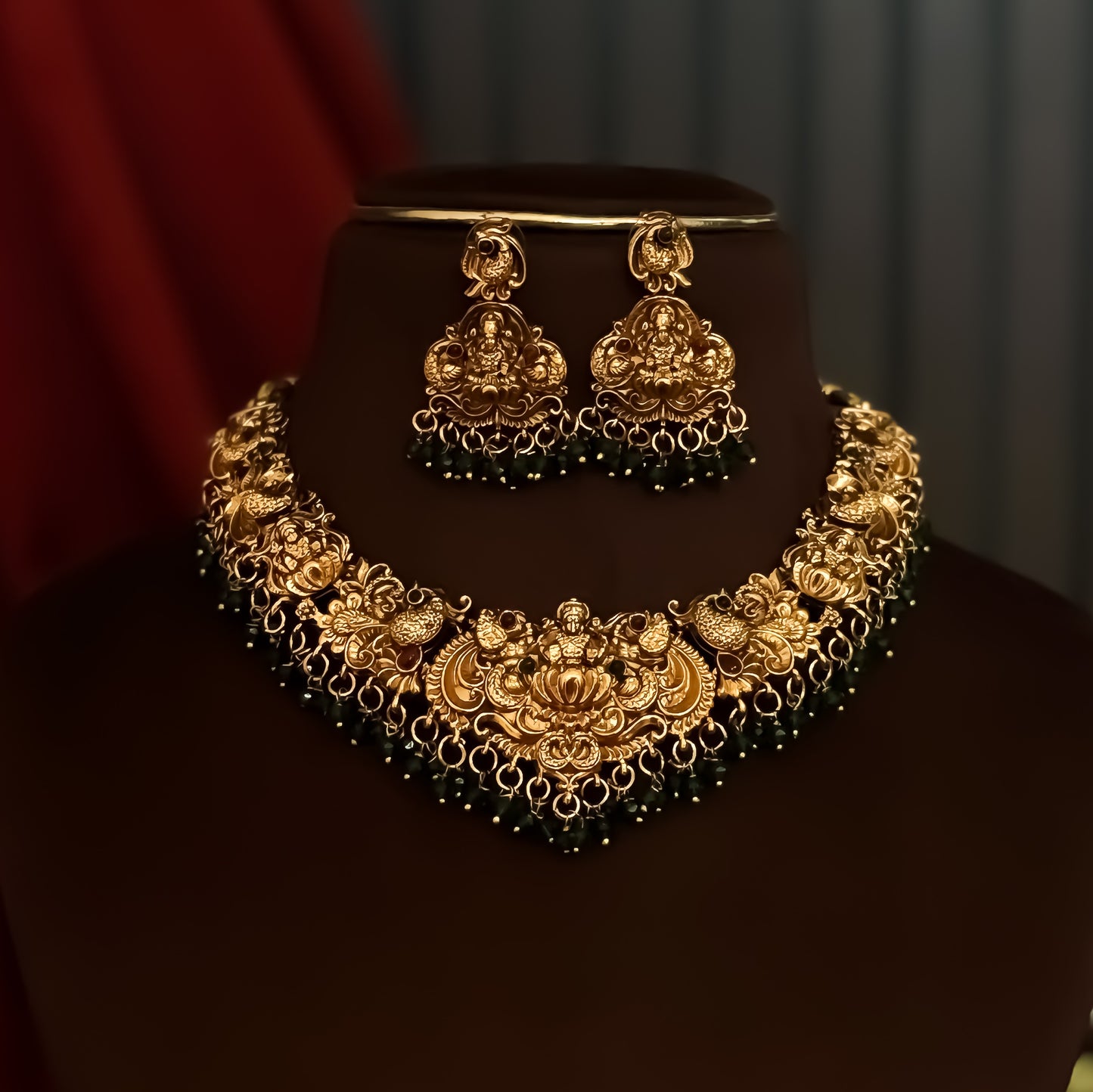 Shreedha Lakshmi Temple Motif Necklace Set - Green