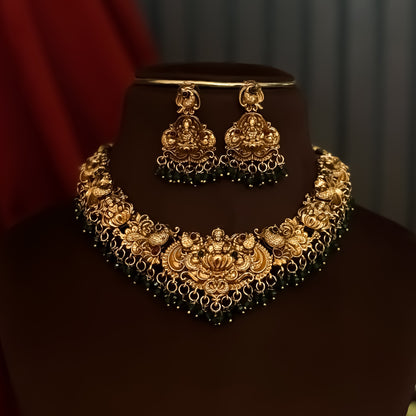 Shreedha Lakshmi Temple Motif Necklace Set - Green