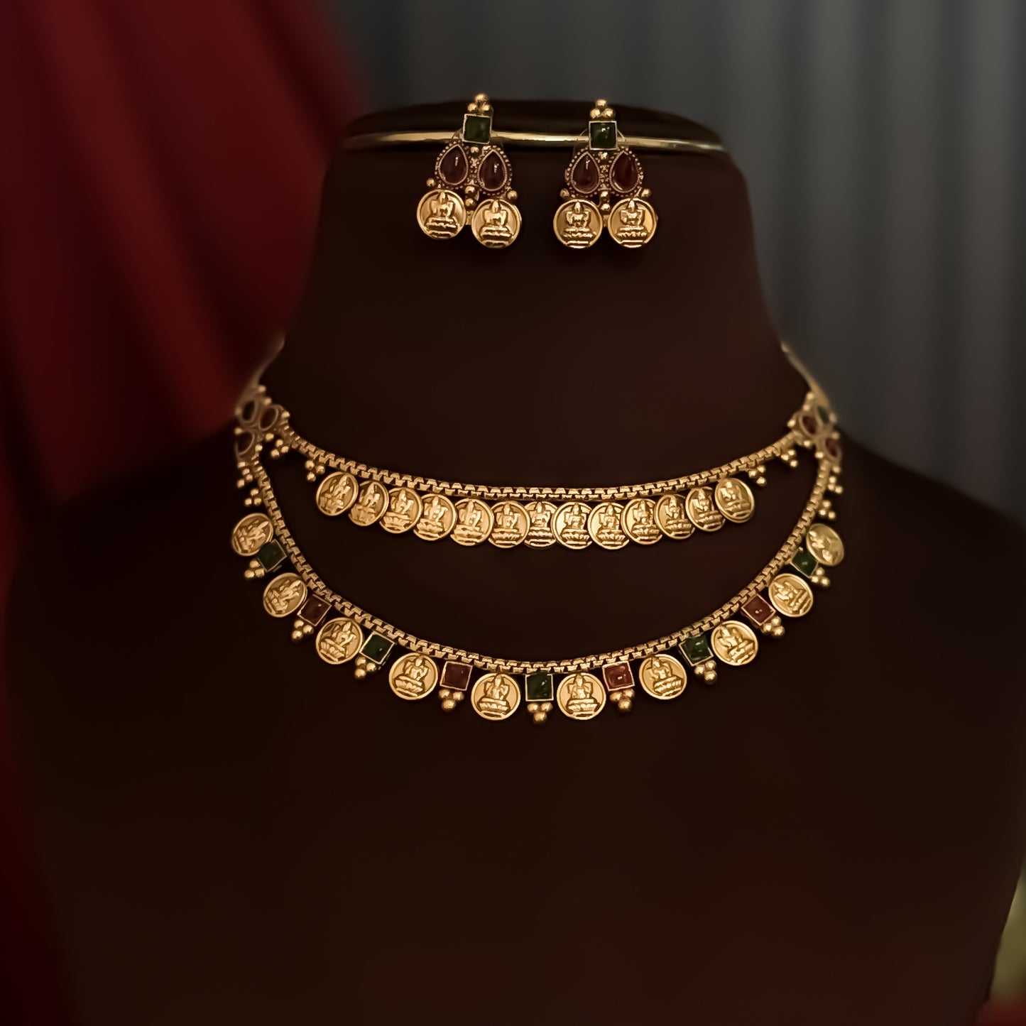 Padma Lakshmi Coin Double Layer Temple Necklace Set - Pink & Green