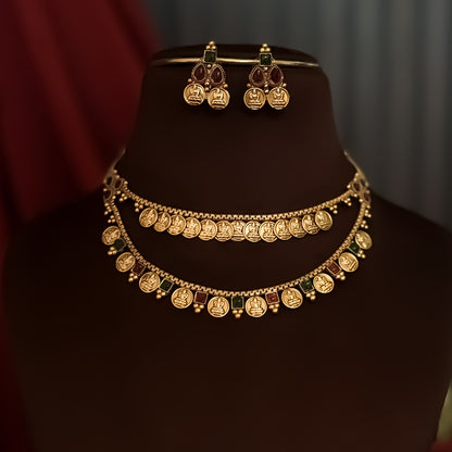 Padma Lakshmi Coin Double Layer Temple Necklace Set - Pink & Green