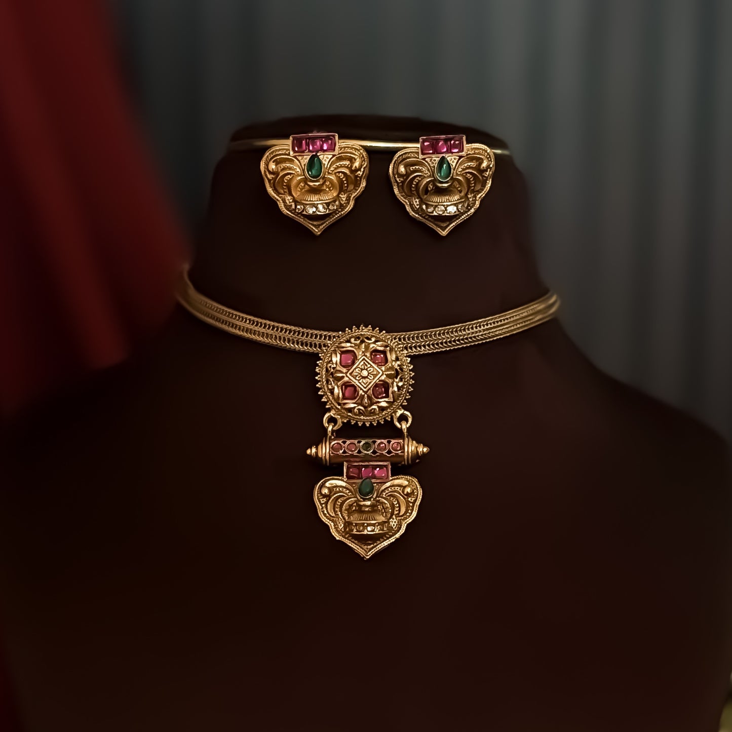 Nandini Temple Motif Choker Necklace Set - Pink & Green