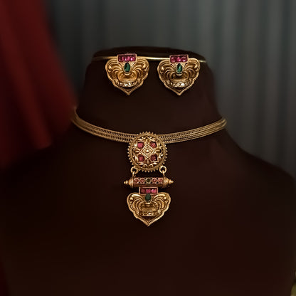 Nandini Temple Motif Choker Necklace Set - Pink & Green