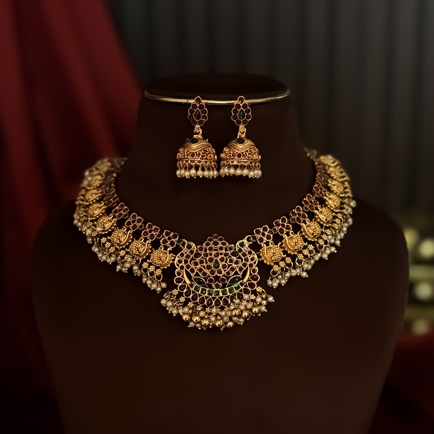 Kalyani Temple Motif Necklace Set - Pink & Green