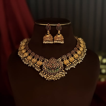 Kalyani Temple Motif Necklace Set - Pink & Green
