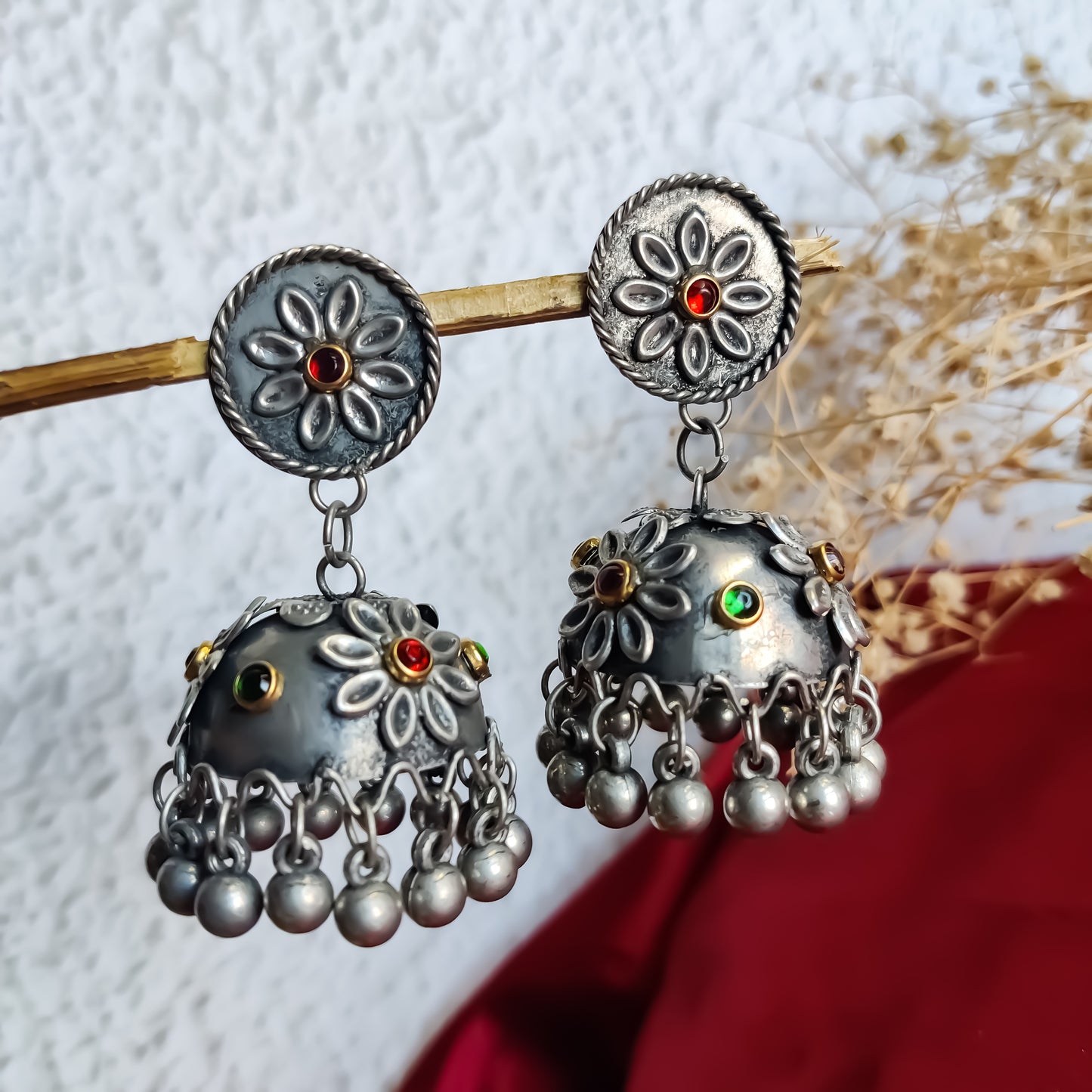 Manmeet Floral Vintage Polish Jhumka Earrings - Multi