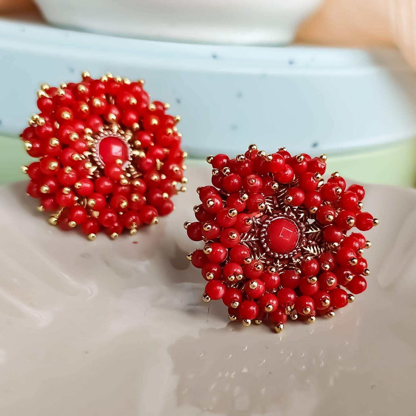 Ganthan Pearl Stud Earrings Red