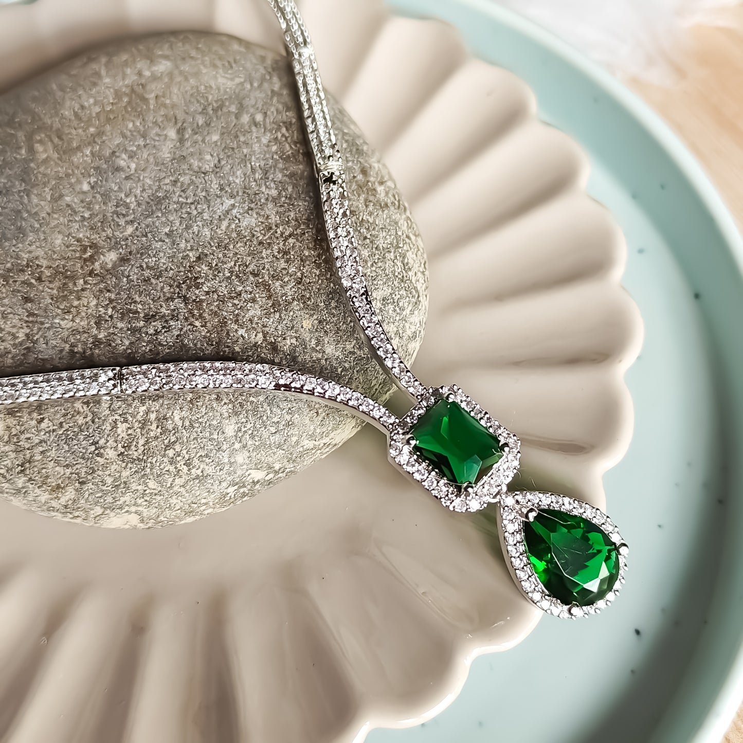 Deepika Inspired AD Necklace Set Emerald Green