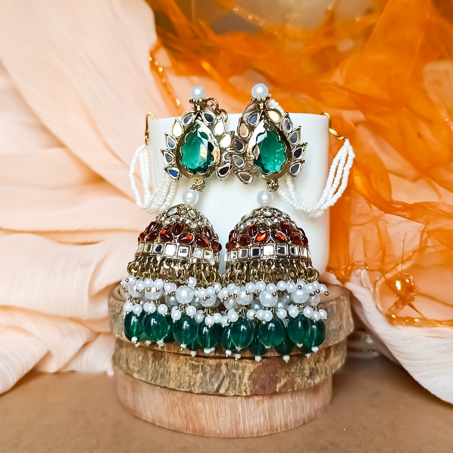 Shagun Jhumka Earrings  - Green Pearl