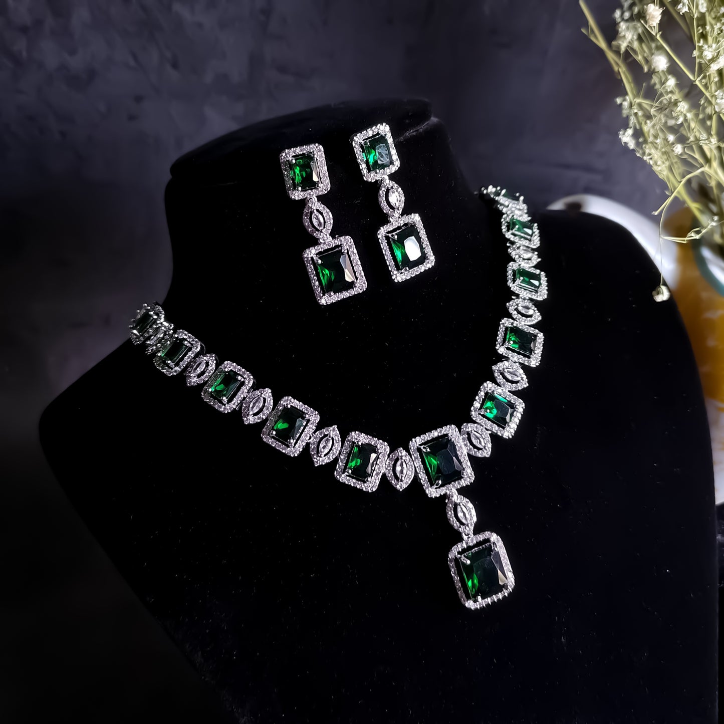 Alice Premium American Diamond (AD) Necklace Set- Emerald Green