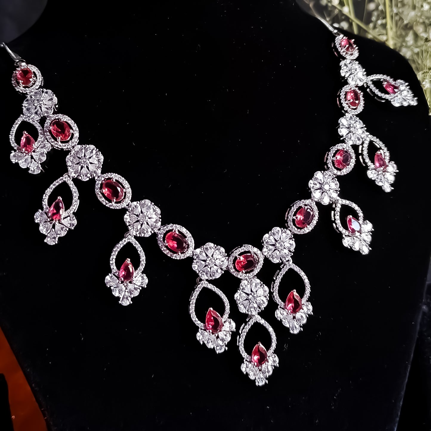 Yani Premium American Diamond (AD) Necklace Set- Ruby Red