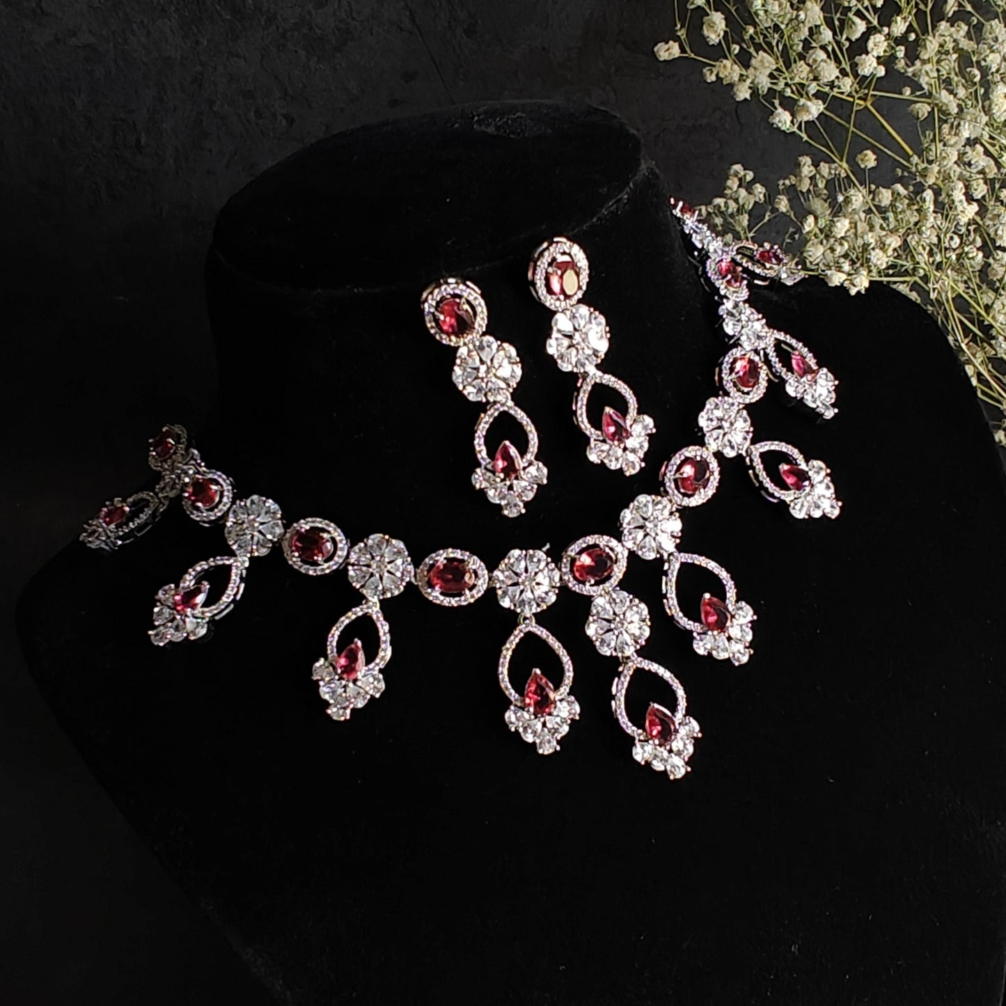 Yani Premium American Diamond (AD) Necklace Set- Ruby Red
