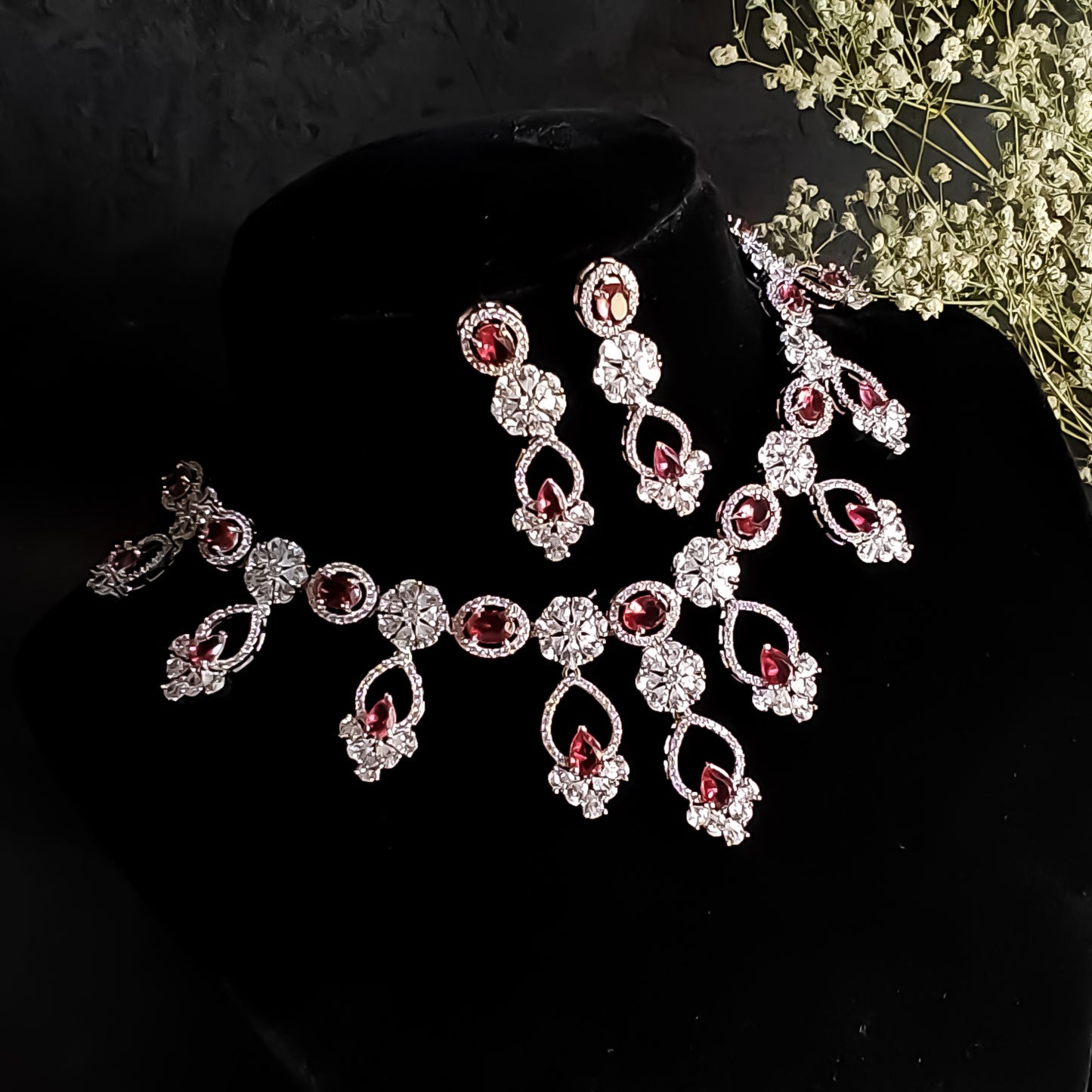 Yani Premium American Diamond (AD) Necklace Set- Ruby Red